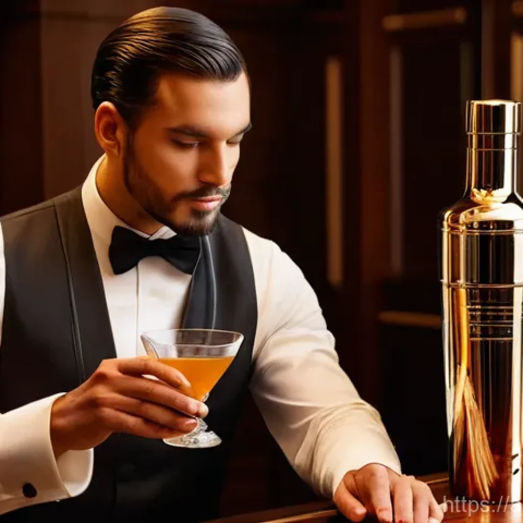 홈바텐더 코냑 칵테일 - **Prompt:** An elegant and sophisticated individual, mid-shot, gracefully preparing a classic Cognac...