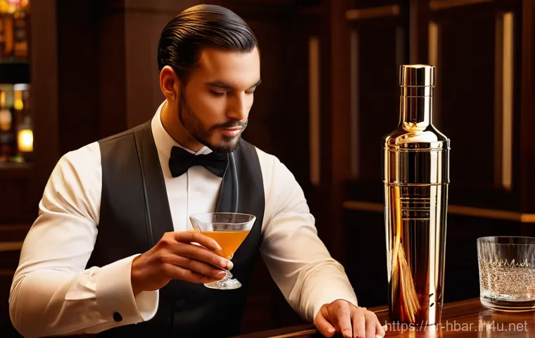홈바텐더 코냑 칵테일 - **Prompt:** An elegant and sophisticated individual, mid-shot, gracefully preparing a classic Cognac...