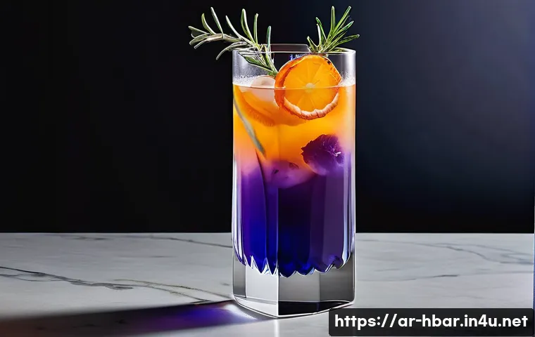 홈바텐더 연말 파티 칵테일 - **Prompt:** A luxurious, non-alcoholic mocktail elegantly presented in a tall, crystal highball glas...
